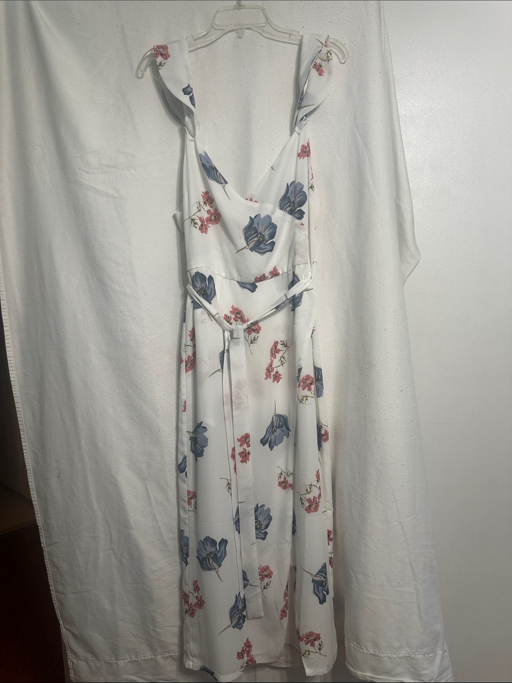 A .B.S White Floral Midi Dress with Blue and Pink Blooms